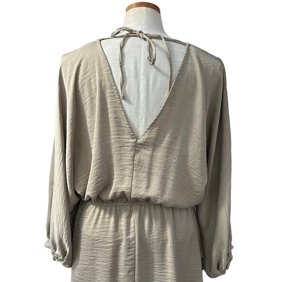 River Island Stone Drawstring Mini Dress 8 Sage Green Flowy Empire Waist Boho - Picture 10 of 13